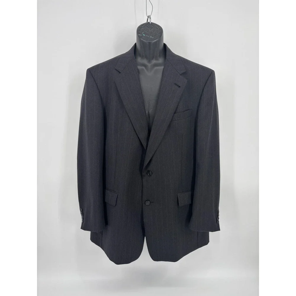 Burberrys Mens Pinstripe Suit Charcoal Grey Wool 2 Button Blazer Pleated Pants